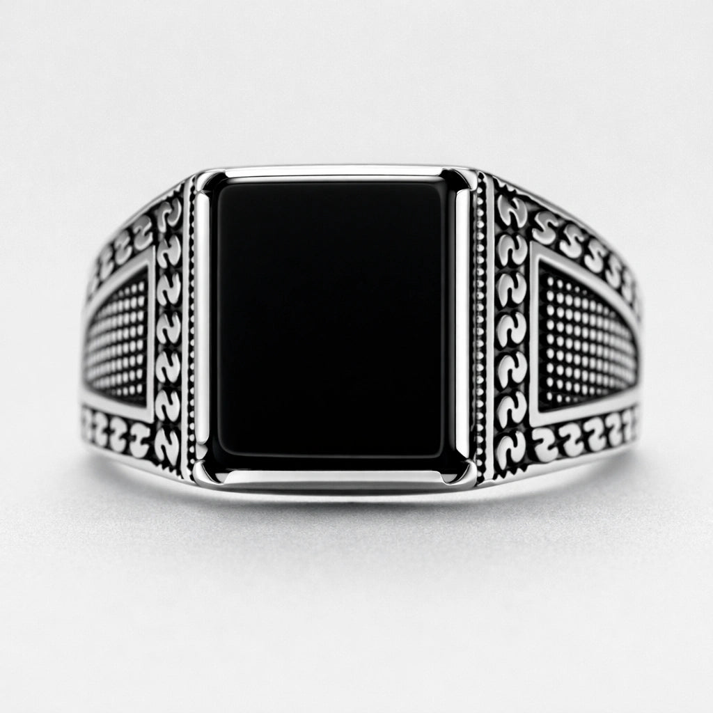 Men’s 925 sterling silver square signet ring with glossy jet-black stone and textured patterned band