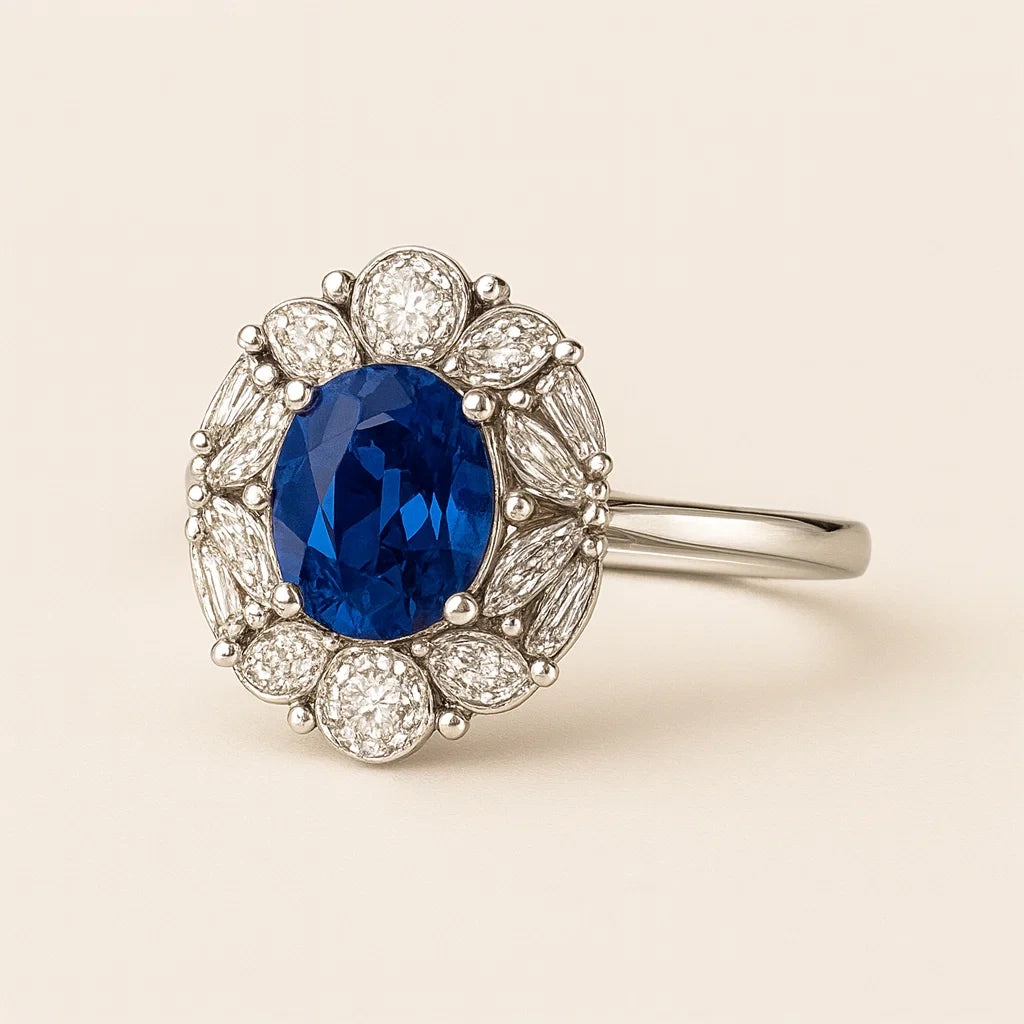 Ring with a blue gemstone and diamond accents on a beige background