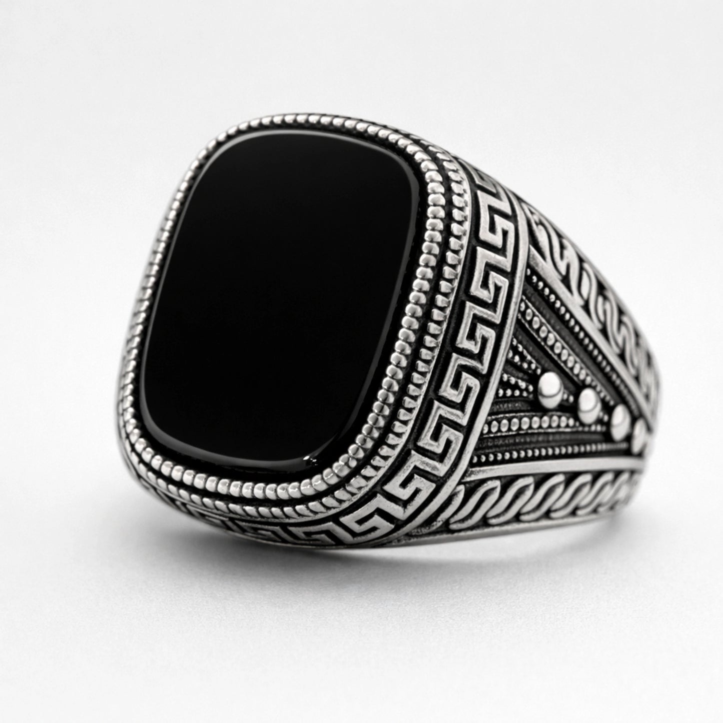 Men’s 925 sterling silver Greek key signet ring with black onyx cushion stone
