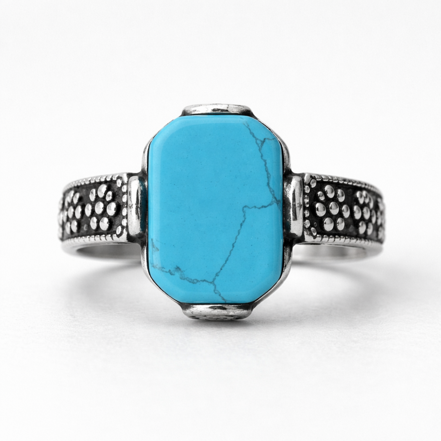Men’s 925 sterling silver ring with rectangular turquoise stone and textured band