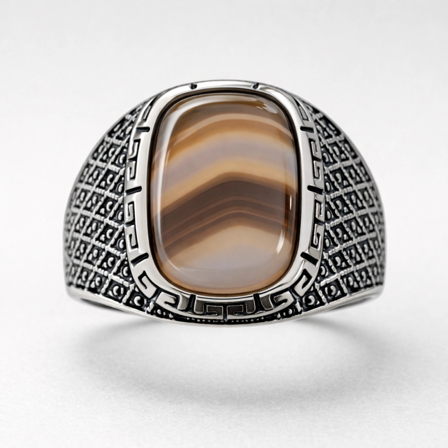 Men’s 925 sterling silver signet ring with striped brown beige stone and geometric frame design