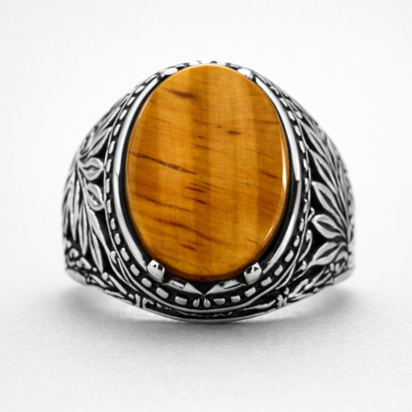Men’s 925 sterling silver ring with oval honey-gold stone and leaf engraved vintage band