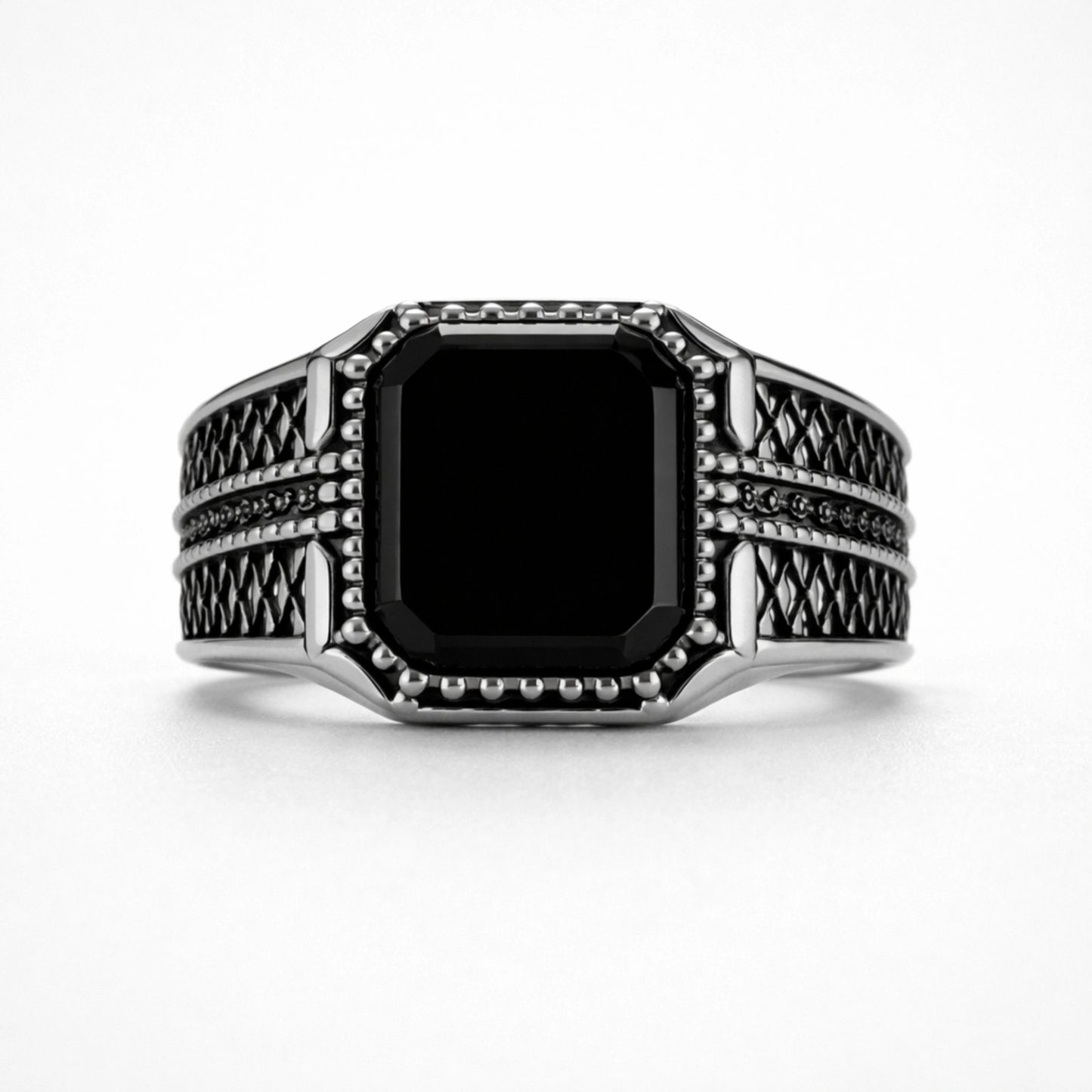Men’s 925 sterling silver ring with octagon glossy black stone and textured band design