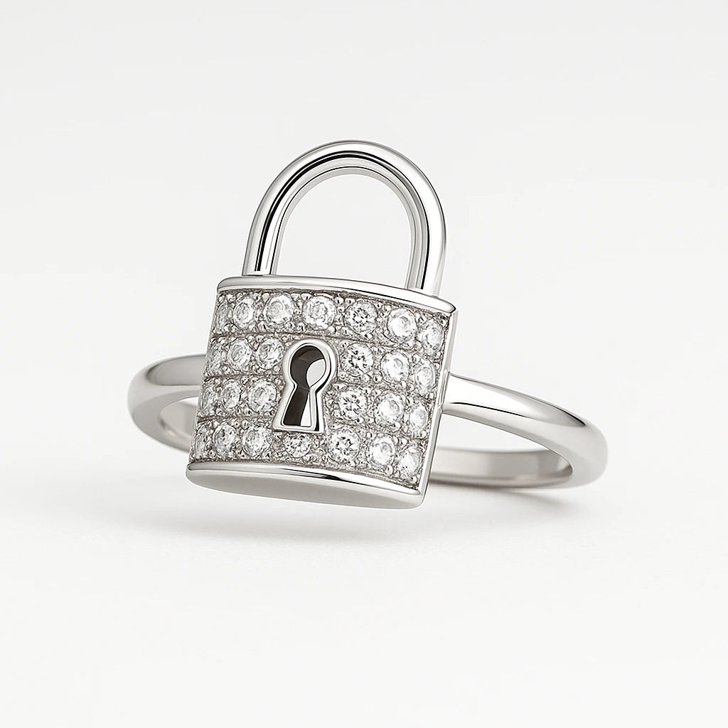 925 Silver Pave Zircon Padlock Jewelry Set - Necklace, Ring & Earrings