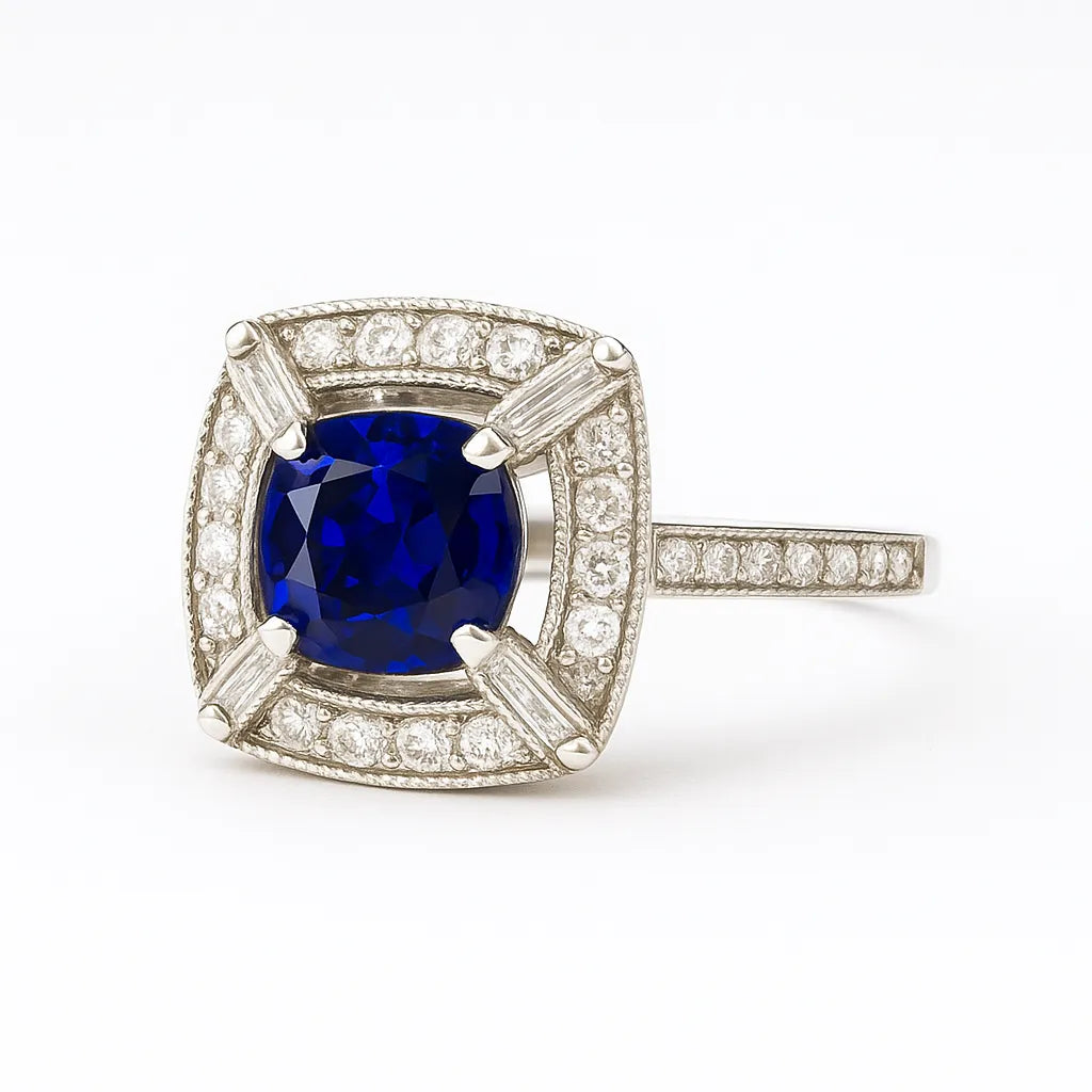 Ring with a blue gemstone and diamond accents on a white background
