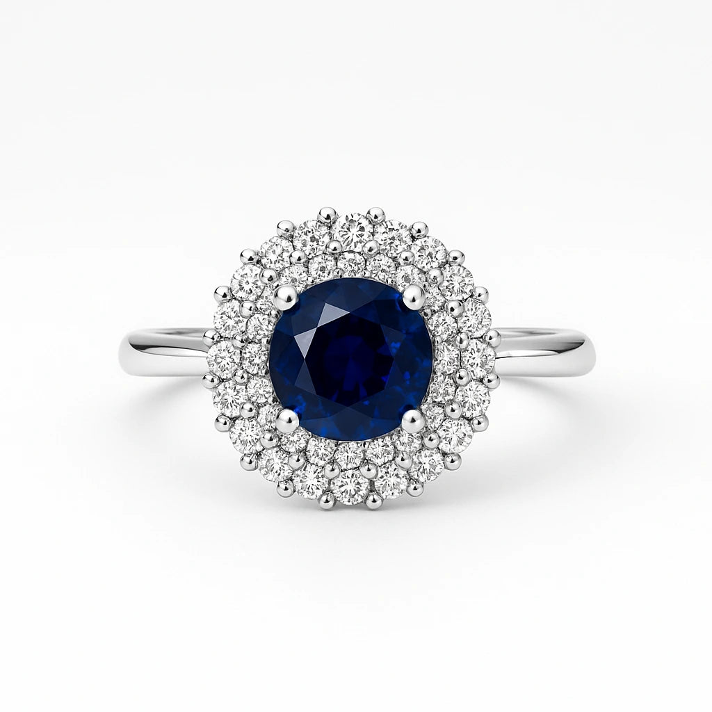 Ring with a blue gemstone and diamond-studded halo on a white background
