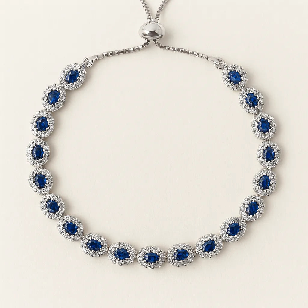 925 Silver Blue and Green Zircon Oval Halo Links Bolo Bracelet
