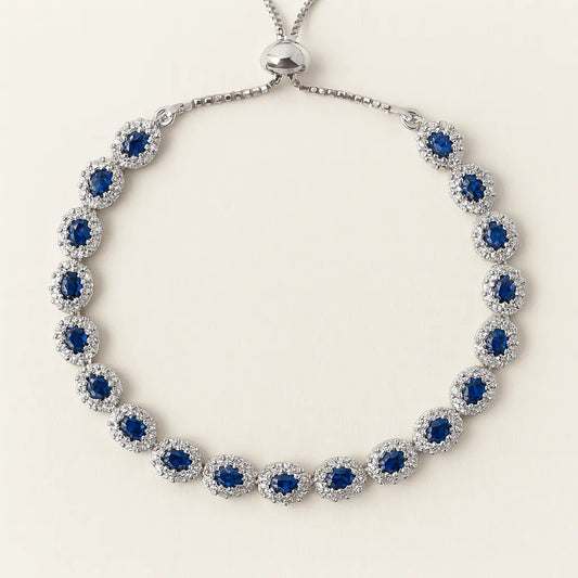 925 Silver Blue and Green Zircon Oval Halo Links Bolo Bracelet