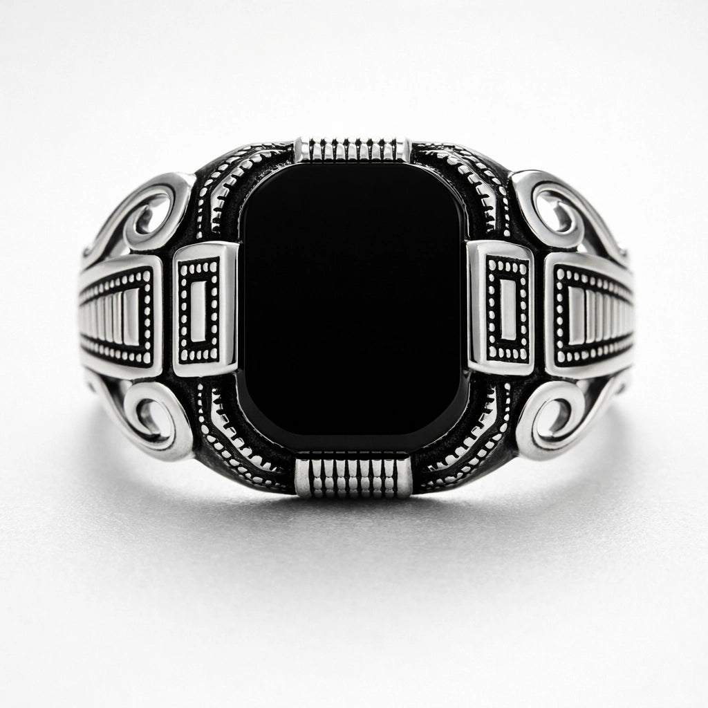 Men’s 925 sterling silver square signet ring with glossy midnight black stone and scroll engraved side design