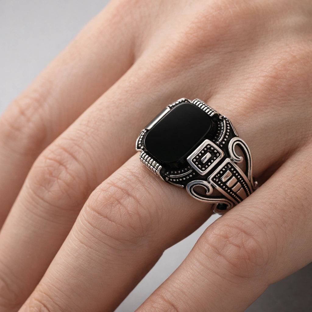 Men’s 925 sterling silver square signet ring with glossy midnight black stone and scroll engraved side design