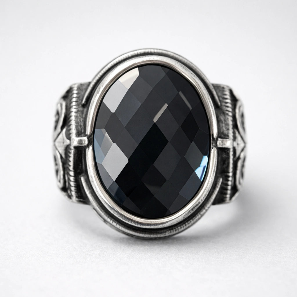 Men’s 925 sterling silver ring with faceted jet-black stone and vintage engraved design