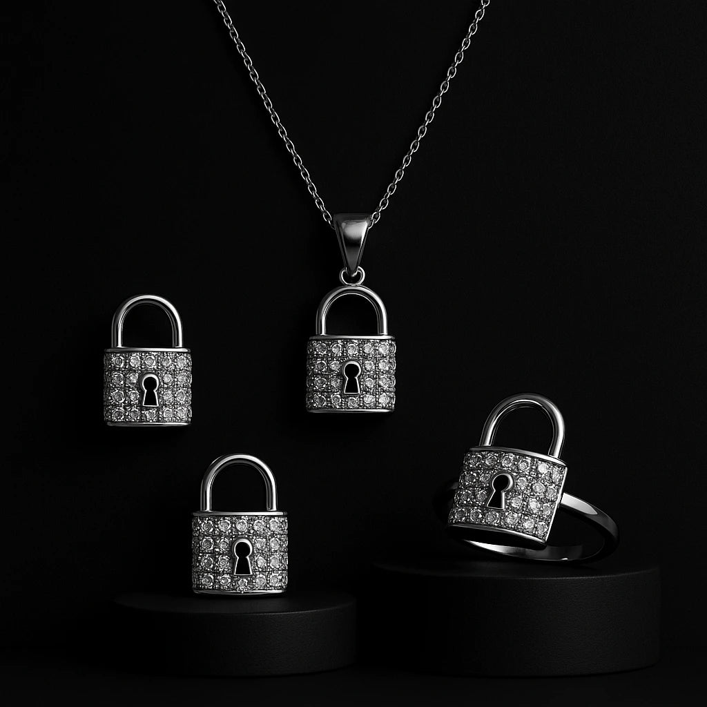 925 Silver Pave Zircon Padlock Jewelry Set - Necklace, Ring & Earrings