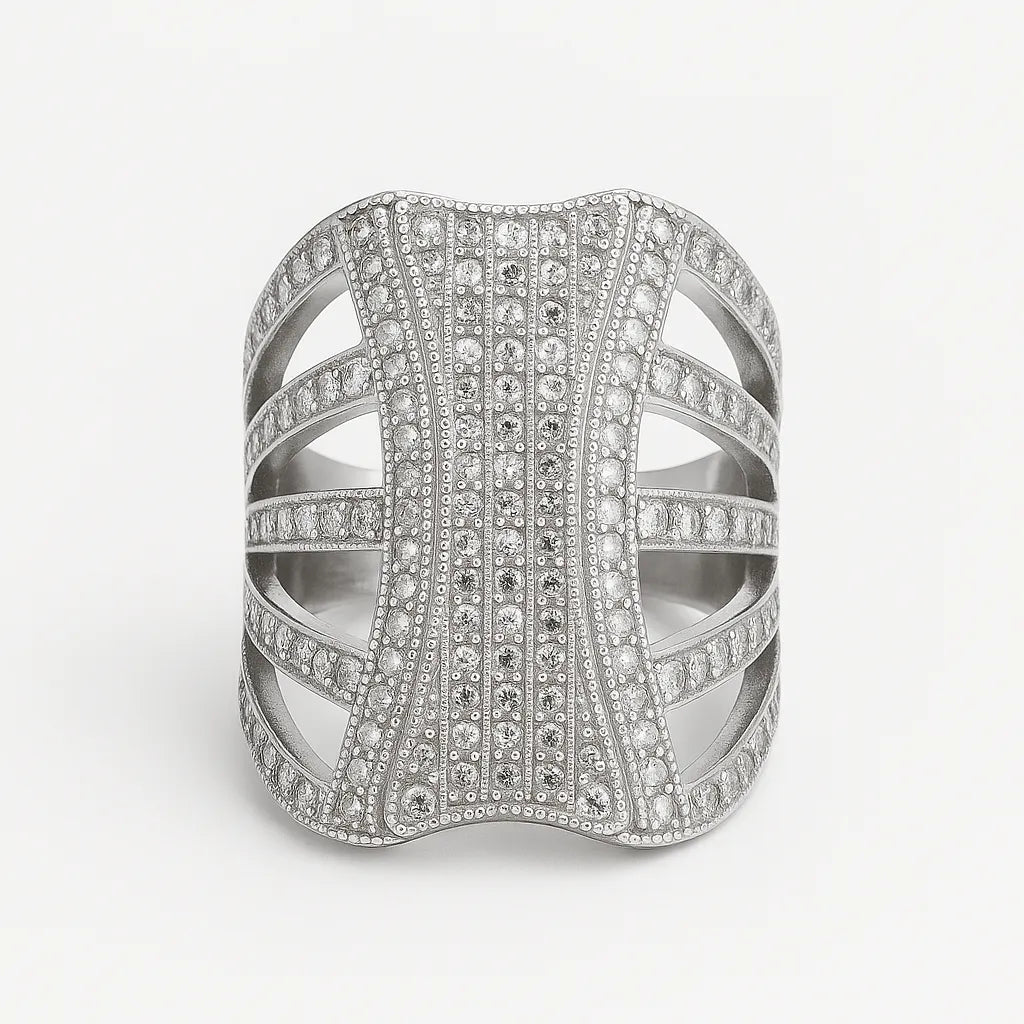 Women’s 925 silver cuff ring with sparkling stones and openwork design from UAE brand
