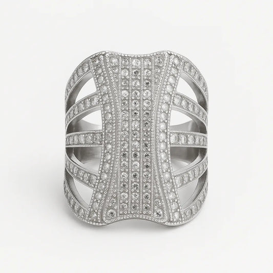 Women’s 925 silver cuff ring with sparkling stones and openwork design from UAE brand