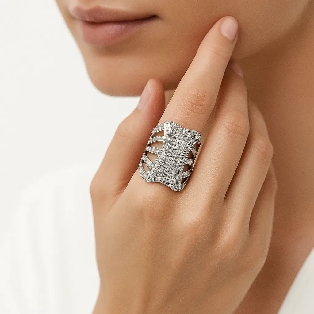 Women’s 925 silver cuff ring with sparkling stones and openwork design from UAE brand