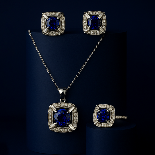Women's 925 silver sapphire blue Zircon jewelry set from UAE brand. Includes a ring, stud earrings, and necklace pendant with square-cut blue Zircon, a white Zircon halo, and detailed vintage beadwork.