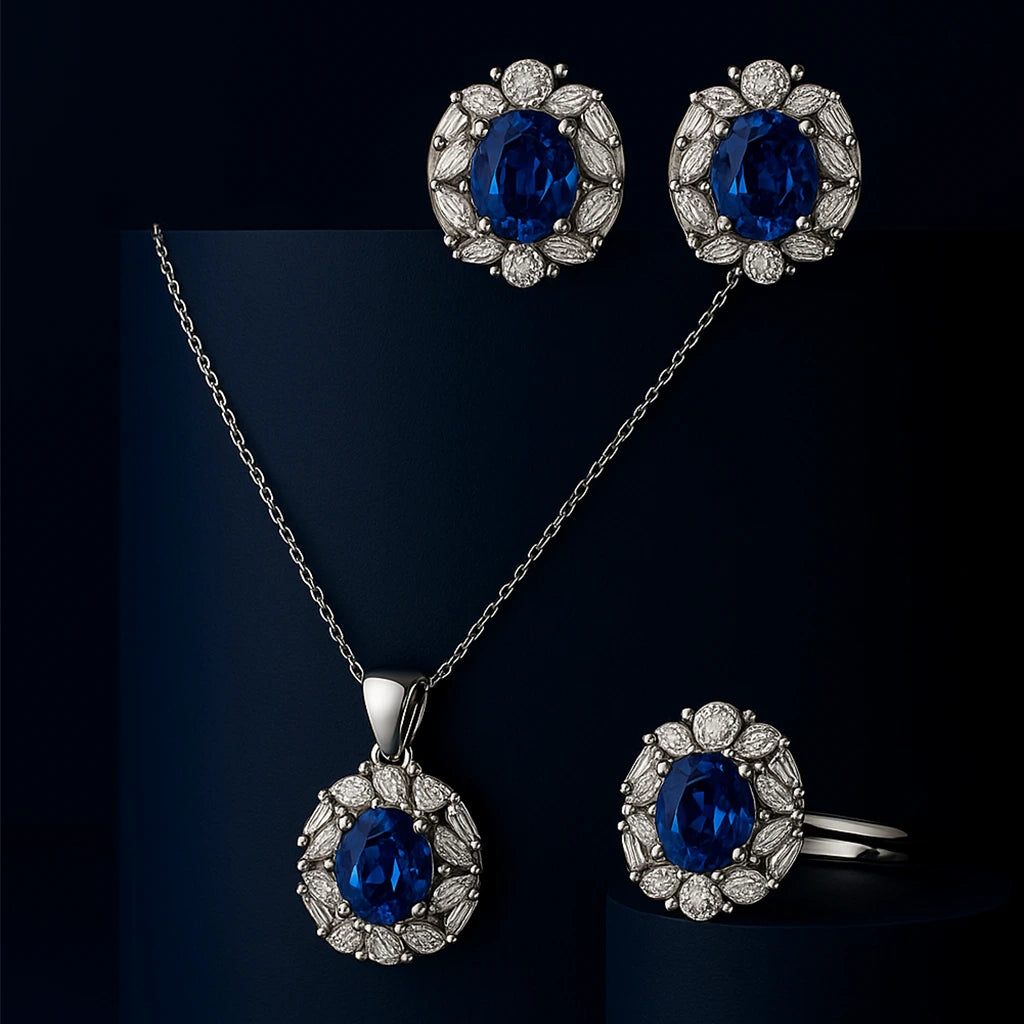 Women's 925 silver sapphire blue Zircon jewelry set from UAE brand. Includes a ring, stud earrings, and necklace pendant, all featuring a central blue stone with a marquise Zircon floral halo.