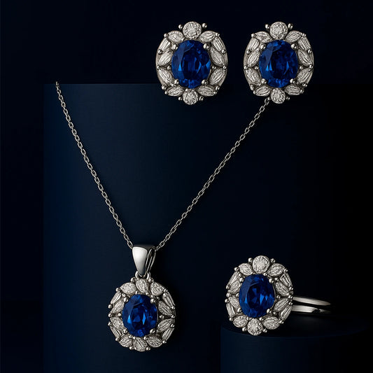 Women's 925 silver sapphire blue Zircon jewelry set from UAE brand. Includes a ring, stud earrings, and necklace pendant, all featuring a central blue stone with a marquise Zircon floral halo.