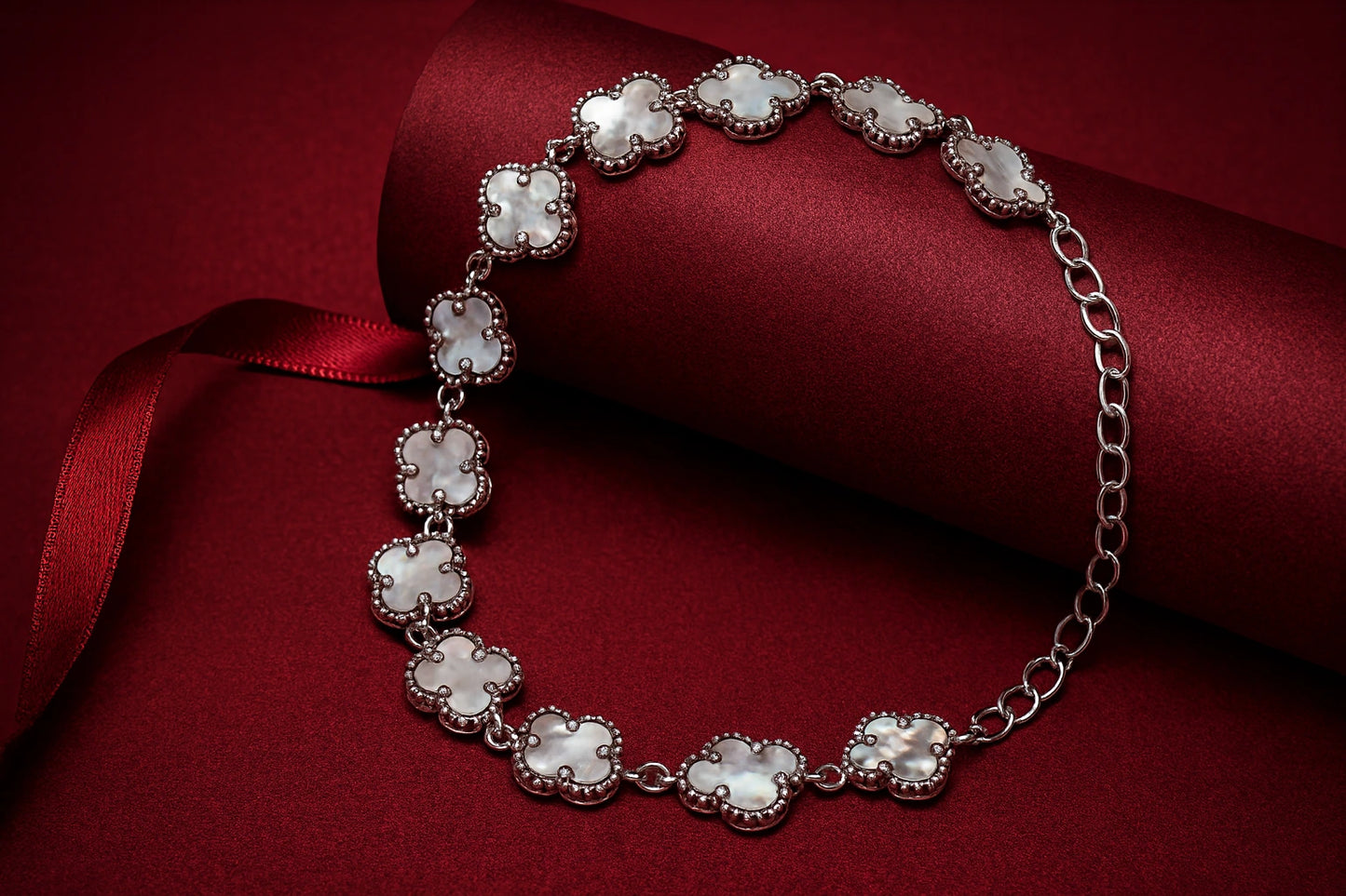 925 Silver Mother of Pearl Clover Link Beaded Border Bracelet