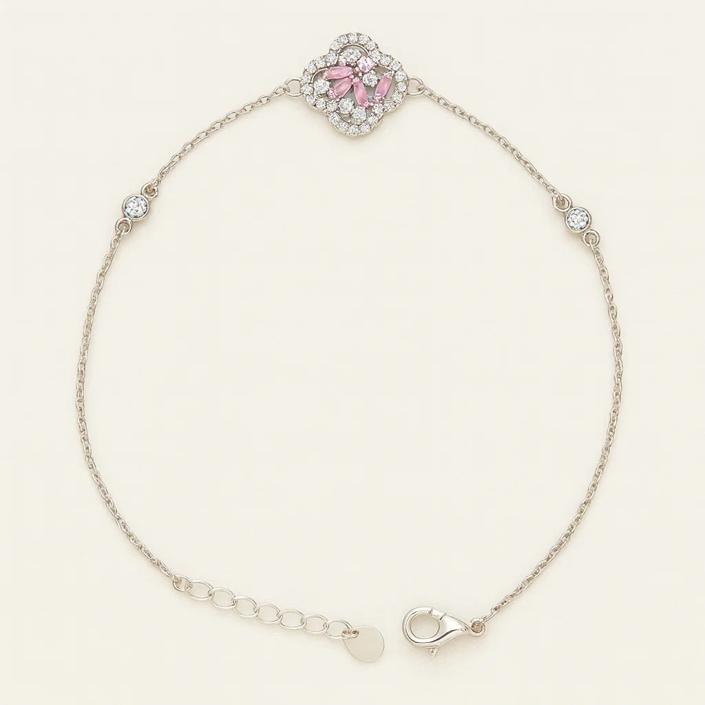 925 Silver Pink Zircon Clover Charm Station Delicate Bracelet