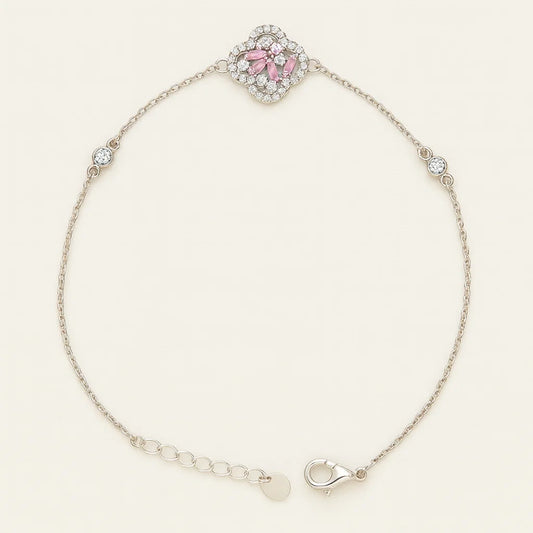 925 Silver Pink Zircon Clover Charm Station Delicate Bracelet