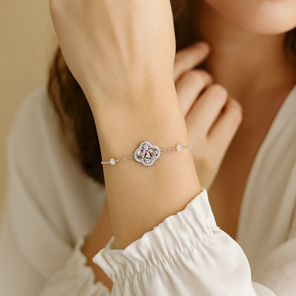 925 Silver Pink Zircon Clover Charm Station Delicate Bracelet