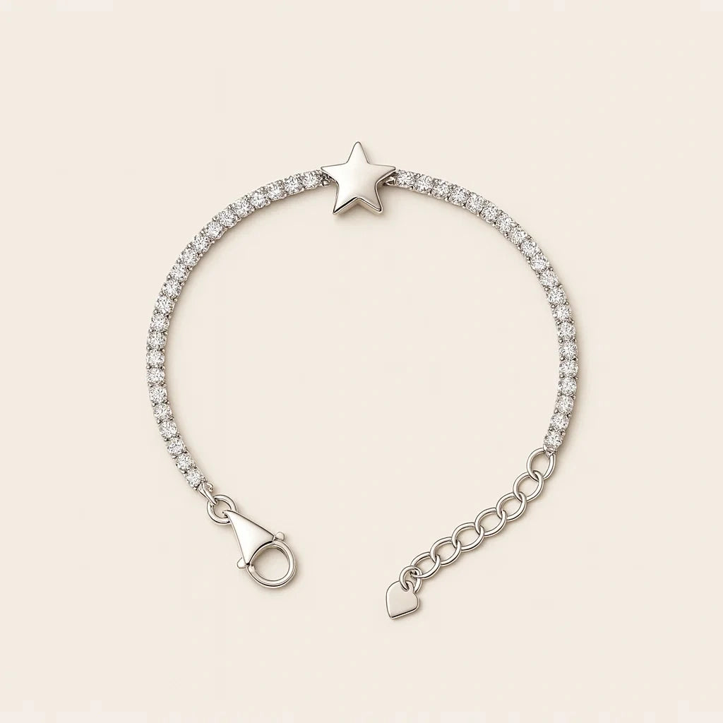 Silver bracelet with star and heart charms on a beige background
