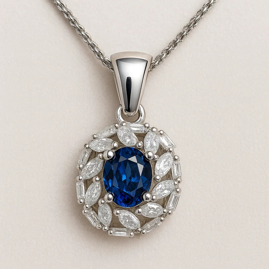 Silver pendant with a blue gemstone and diamond-like stones on a beige background