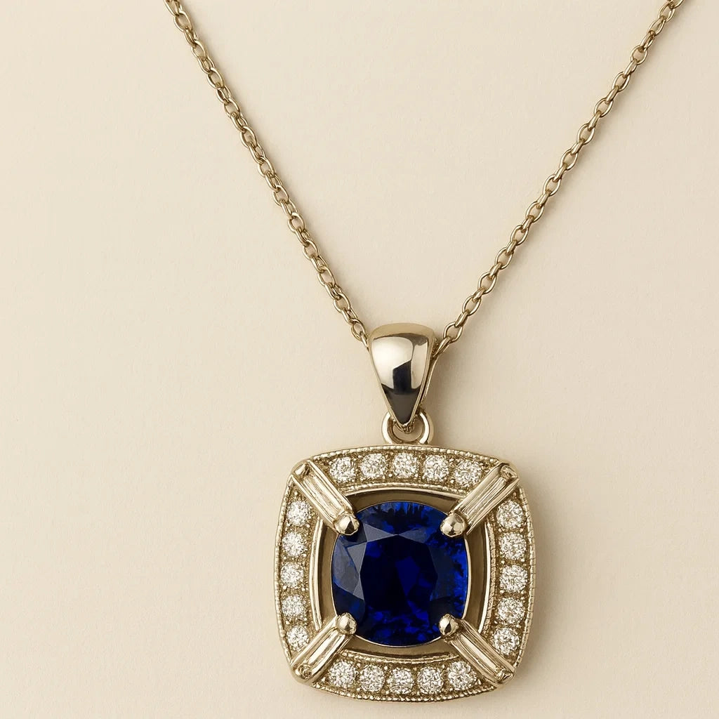 Gold necklace with a blue gemstone pendant on a beige background