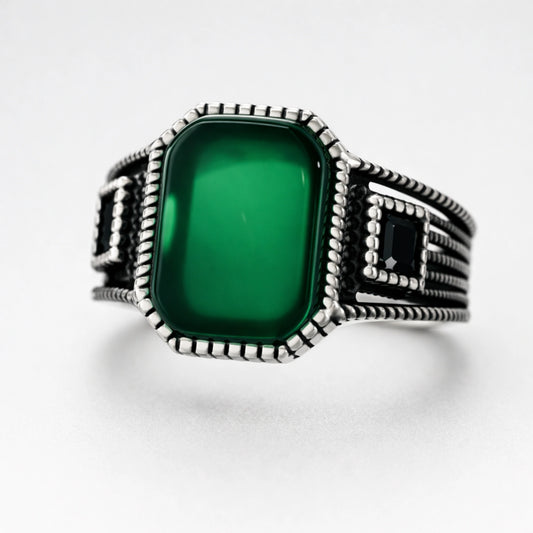 Men’s 925 sterling silver ring with emerald green rectangular onyx stone and black side accents