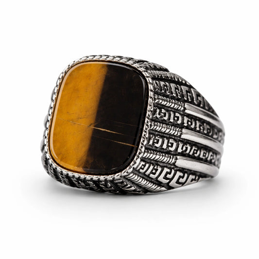 Men’s 925 sterling silver signet ring with two-tone golden brown and black stone and engraved band
