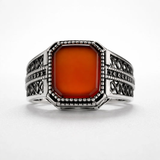Men’s 925 sterling silver ring with octagon burnt amber stone and textured band design