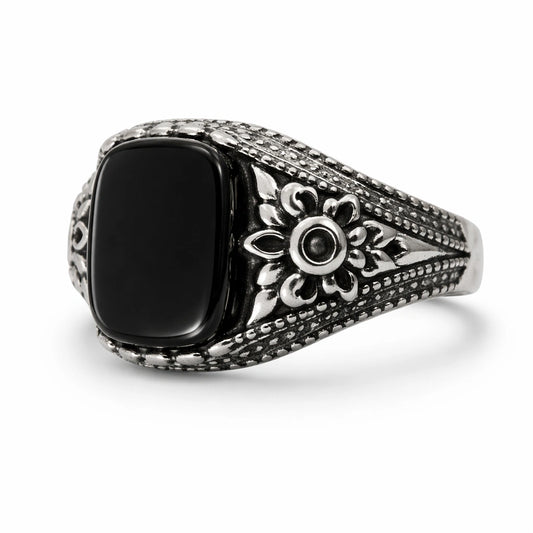 Men’s 925 sterling silver ring with smooth midnight black stone and floral crest side detailing