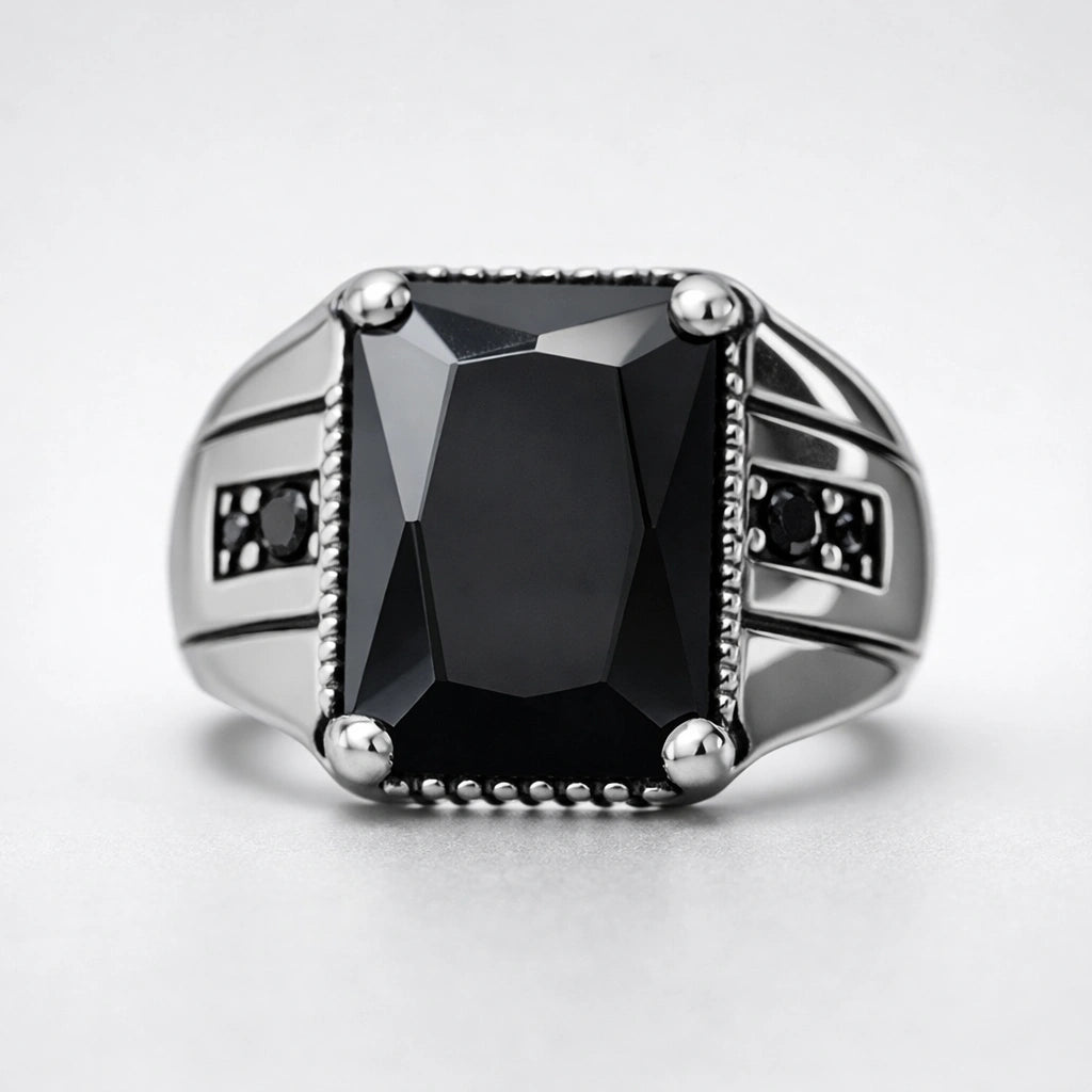 Men’s 925 sterling silver ring with rectangular faceted jet-black stone and beaded frame accents
