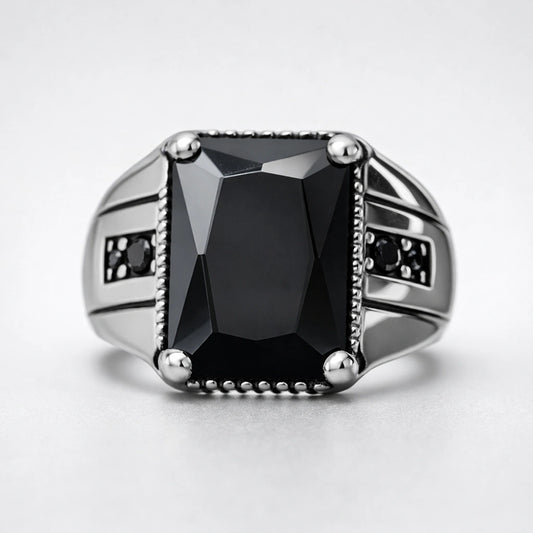Men’s 925 sterling silver ring with rectangular faceted jet-black stone and beaded frame accents