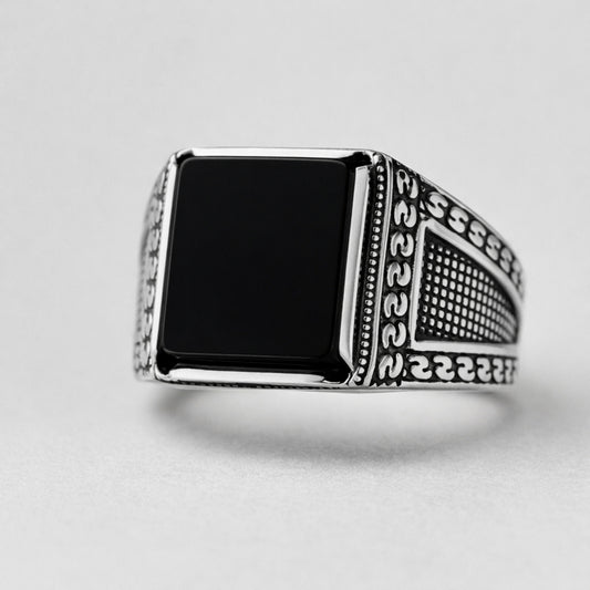 Men’s 925 sterling silver square signet ring with glossy jet-black stone and textured patterned band