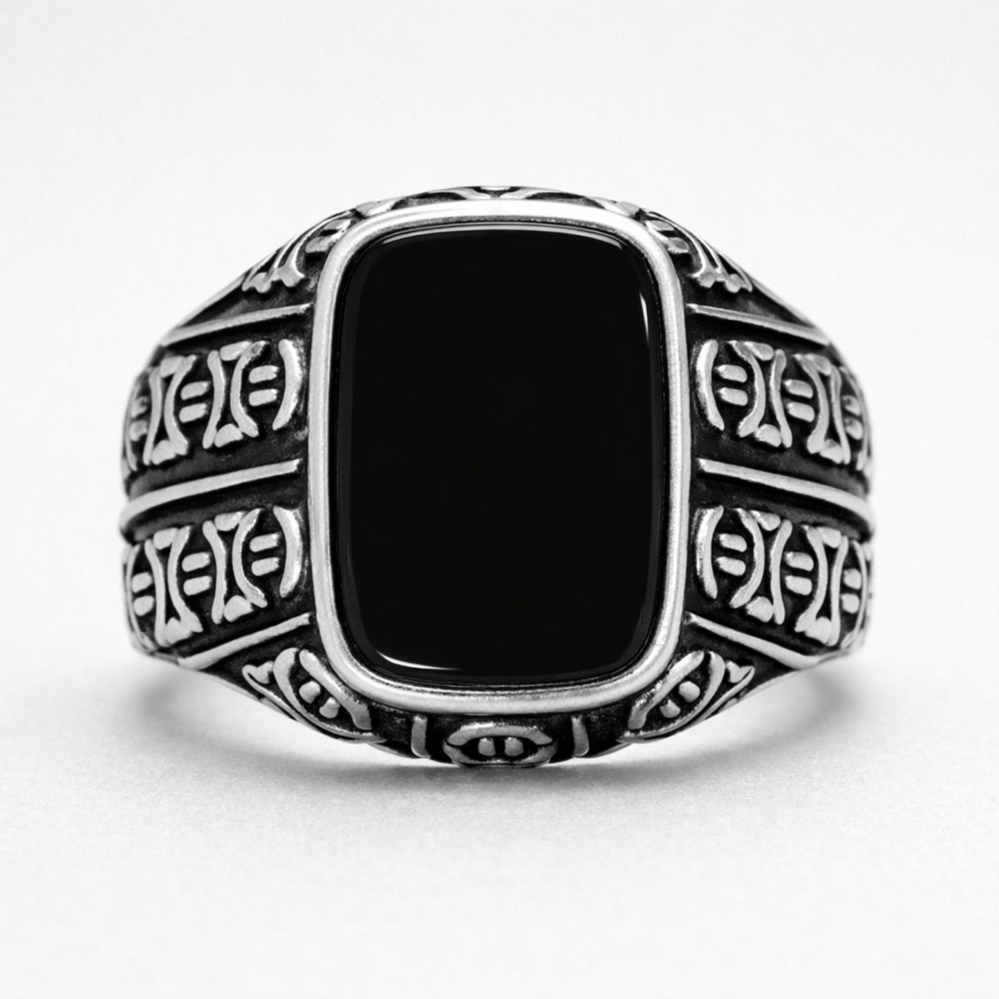 Men’s 925 sterling silver ring with glossy midnight black rectangular stone and engraved vintage band