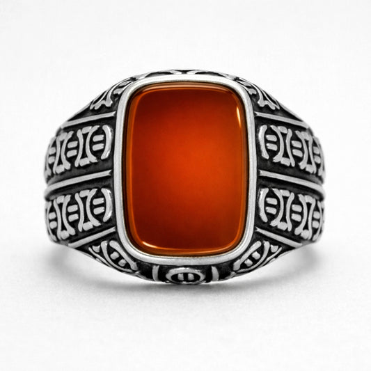 Men’s 925 sterling silver ring with amber orange rectangular stone and engraved vintage band