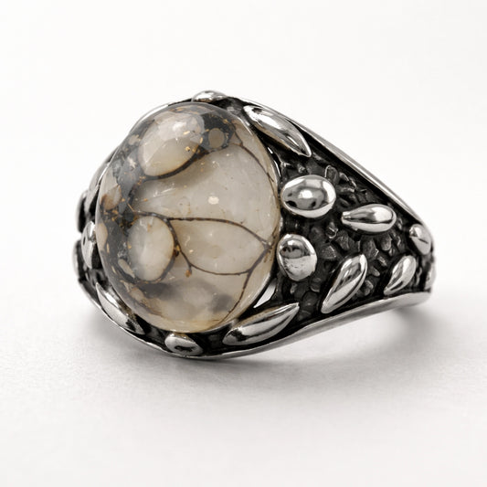 Men’s 925 sterling silver ring with oval ivory web stone and textured oxidized band with polished accents