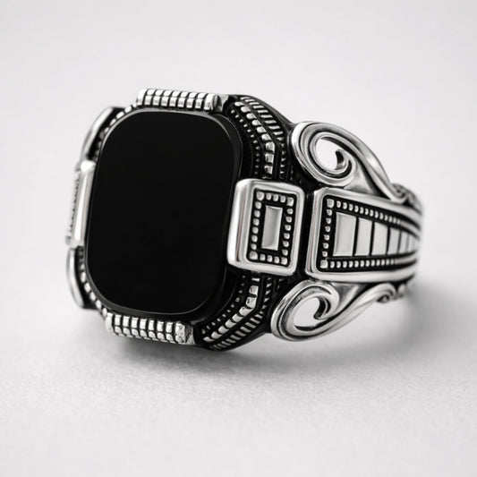 Men’s 925 sterling silver square signet ring with glossy midnight black stone and scroll engraved side design