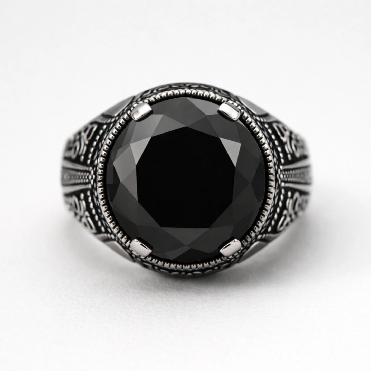 Men’s 925 sterling silver ring with round faceted midnight black stone and vintage engraved band