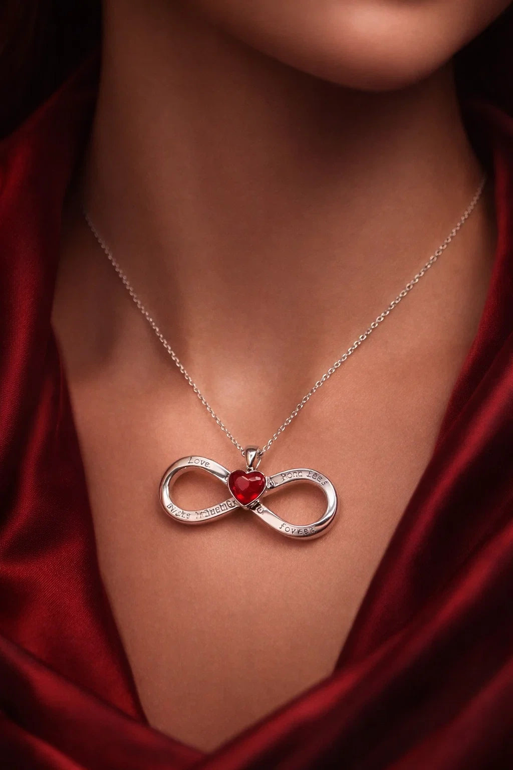 Necklace with an infinity symbol pendant featuring a red gemstone on a person wearing a red garment.