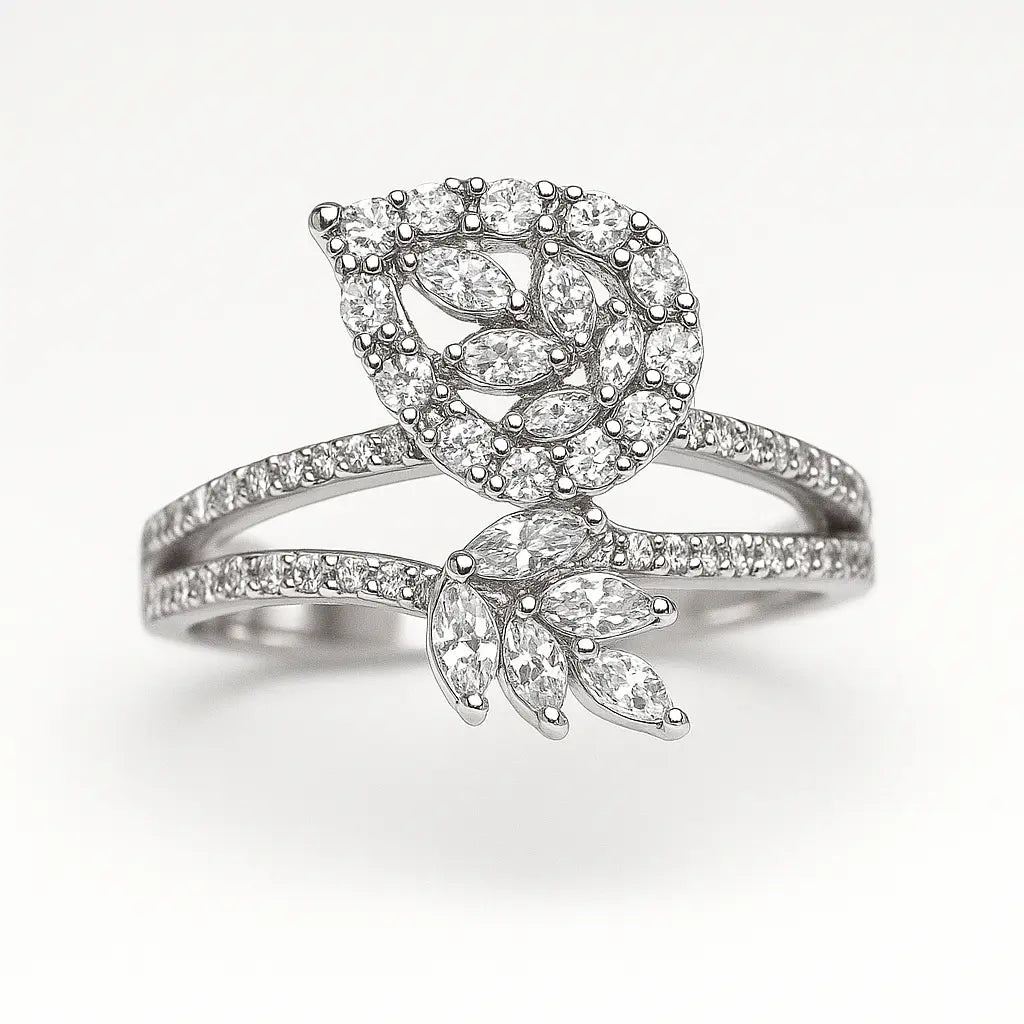 Silver ring with diamond accents on a white background