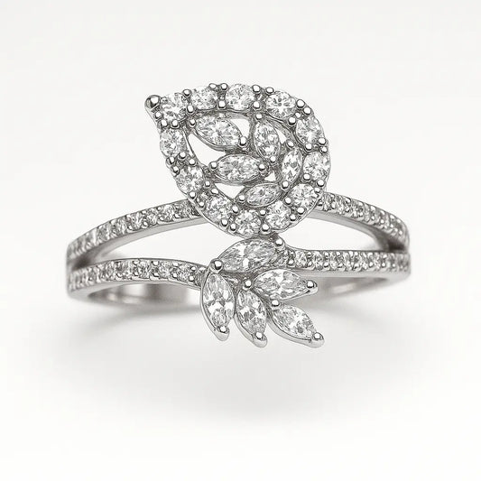 Silver ring with diamond accents on a white background