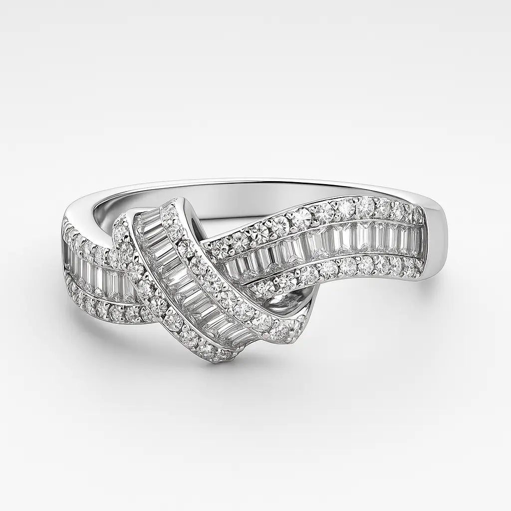 Silver ring with diamond accents on a white background