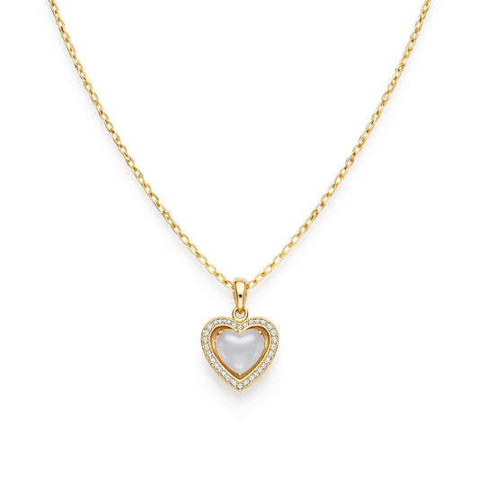 Gold necklace with a heart-shaped pendant on a white background