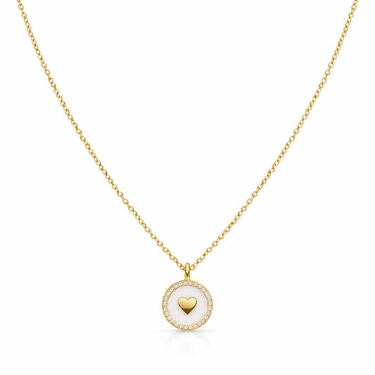 Gold necklace with a heart-shaped pendant on a white background