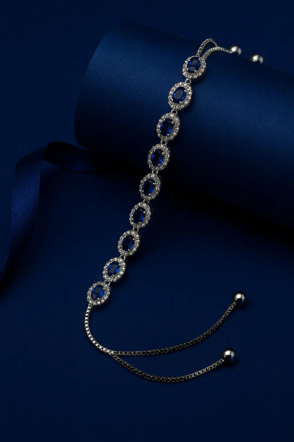 925 Silver Blue and Green Zircon Oval Halo Links Bolo Bracelet
