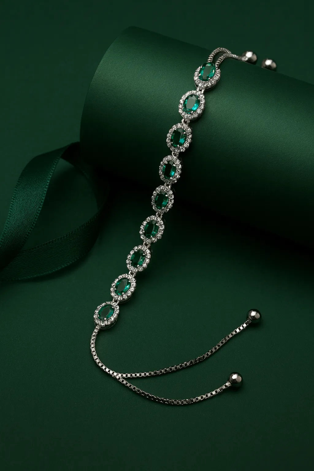 925 Silver Blue and Green Zircon Oval Halo Links Bolo Bracelet